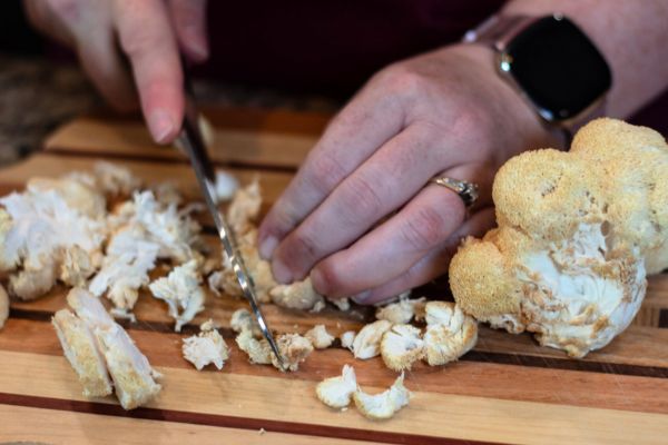 Hands using a knife to chop lion’s mane mushroom on a cutting board.